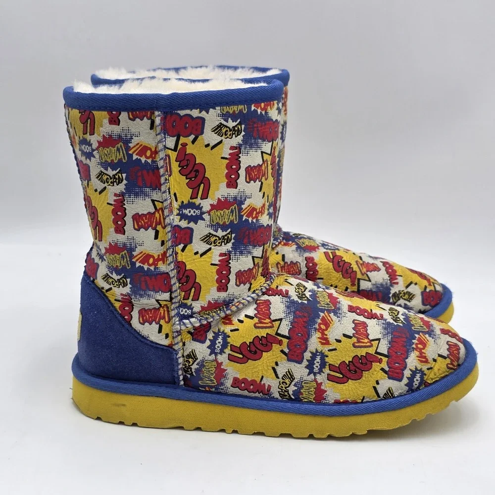 UGG Kids Classic Shearling Leather Boots Limited Edition Comic Book Print 4 34